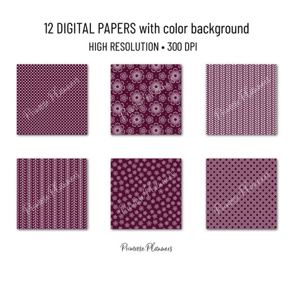 Mulberry and White Digital Paper, Minimalist Boho Patterns, Deep Burgundy Scrapbooking, Marsala Wedding & Planner Print