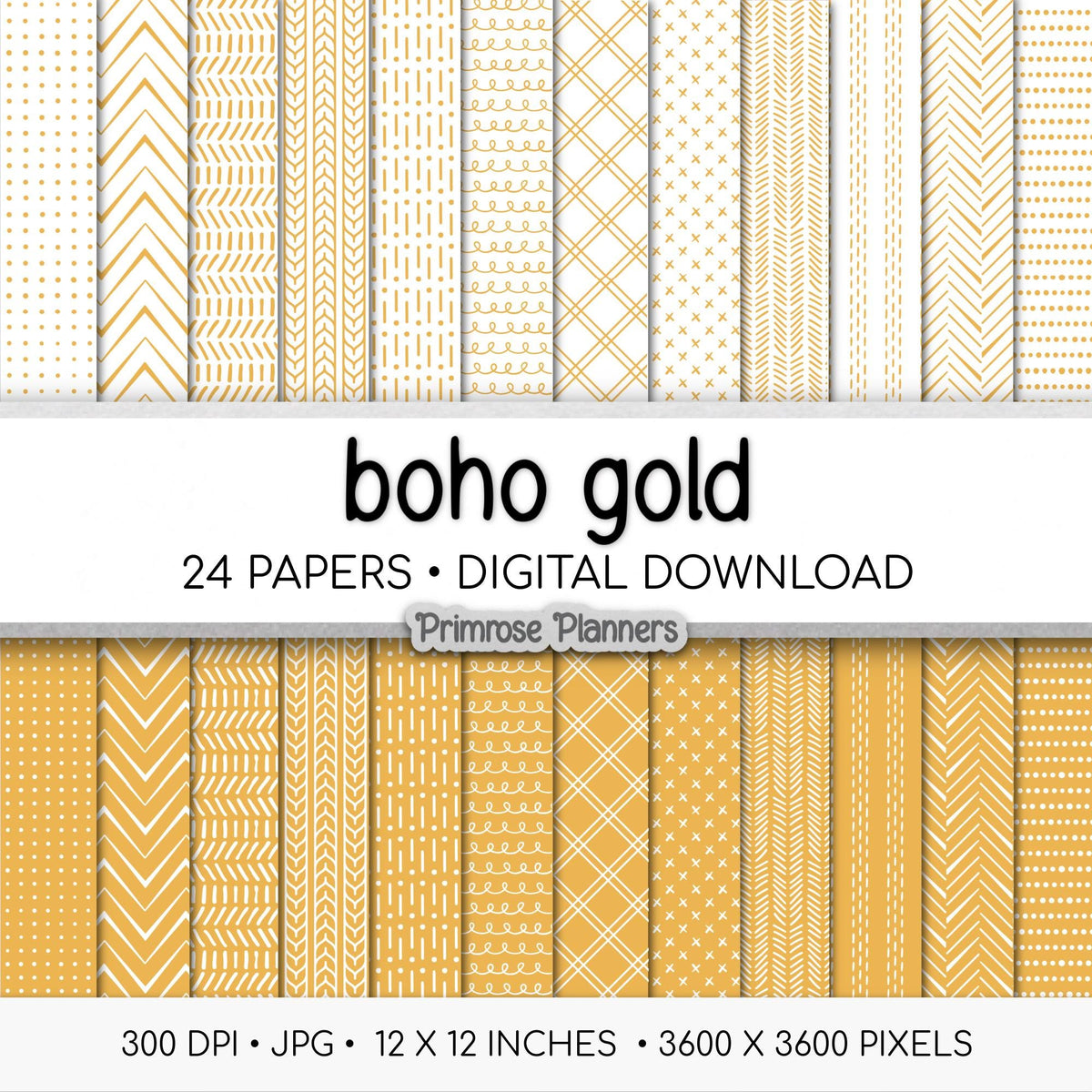 Boho Gold Digital Paper | Minimalist Mustard Yellow & White Patterns | Abstract Organic Shapes | Modern Printable Scrapbook Backgrounds
