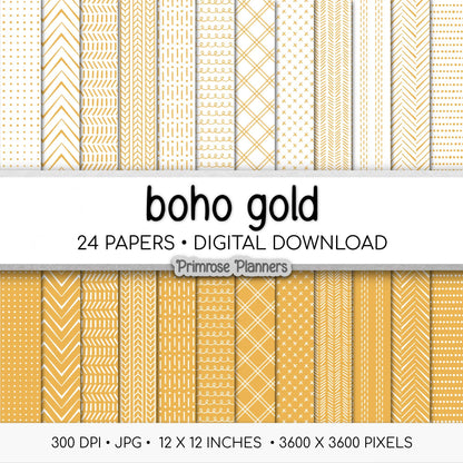 Boho Gold Digital Paper | Minimalist Mustard Yellow & White Patterns | Abstract Organic Shapes | Modern Printable Scrapbook Backgrounds