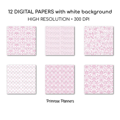 Bubblegum and White Digital Paper, Minimalist Boho Patterns, Vibrant Candy Pink Scrapbooking, Preppy Planner Print