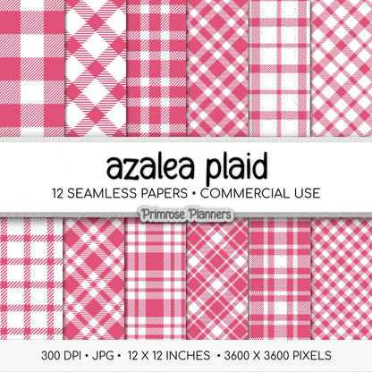 Seamless Azalea Hot Pink Plaid Digital Paper, Buffalo Check, Fuchsia Tartan Patterns, Preppy Scrapbook, Commercial Use, 300 DPI