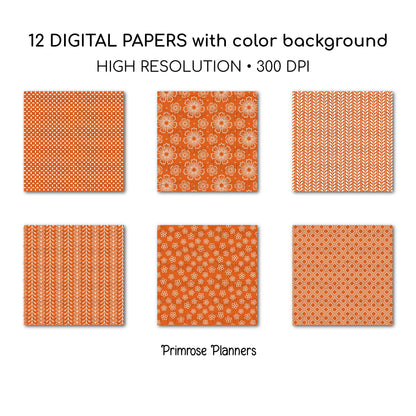 Pumpkin Orange Digital Paper Pack, Minimal Boho Floral Patterns, Fall Orange & White Scrapbook, Autumn Botanical Background