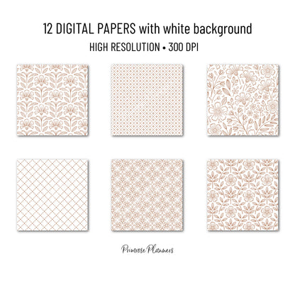 Latte and White Digital Paper, Minimalist Boho Patterns, Creamy Tan Scrapbooking, Coffee Aesthetic Planner Print