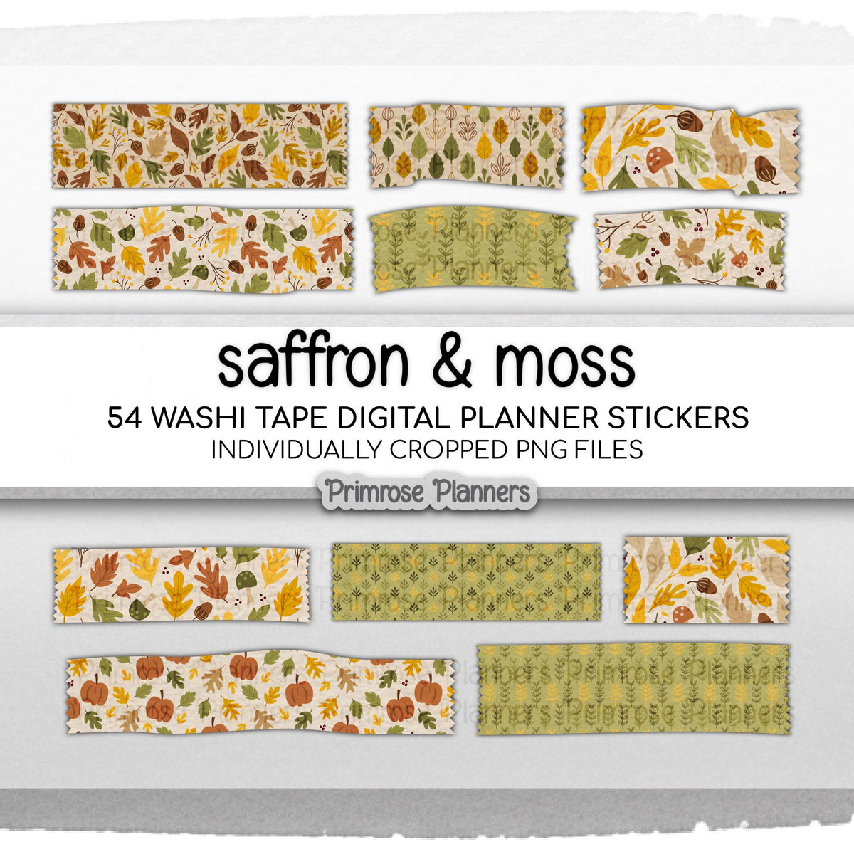 Autumn Digital Washi Tape, Mushroom & Acorn Stickers, Saffron Yellow Moss Green, GoodNotes Sticker Book, Fall Leaf, Forestcore