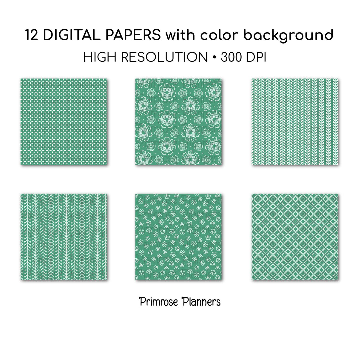 Emerald Green Digital Paper | Minimal Floral & Geometric Patterns | Jungle Green, White | Printable Scrapbook Backgrounds