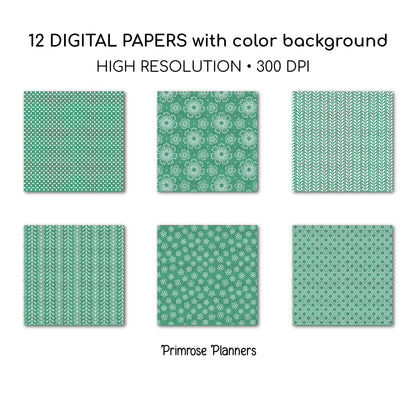 Emerald Green Digital Paper | Minimal Floral & Geometric Patterns | Jungle Green, White | Printable Scrapbook Backgrounds