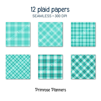 Seamless Tropical Turquoise Plaid Digital Paper, Bright Aqua White Buffalo Check, Summer Ocean Backgrounds, Beach Vacation, Commercial Use