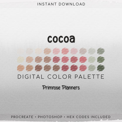 Cocoa Procreate Palette & Photoshop Swatches, Chocolate Brown Maroon Blush Pink Sage Green, Cozy Warm, Hex Codes