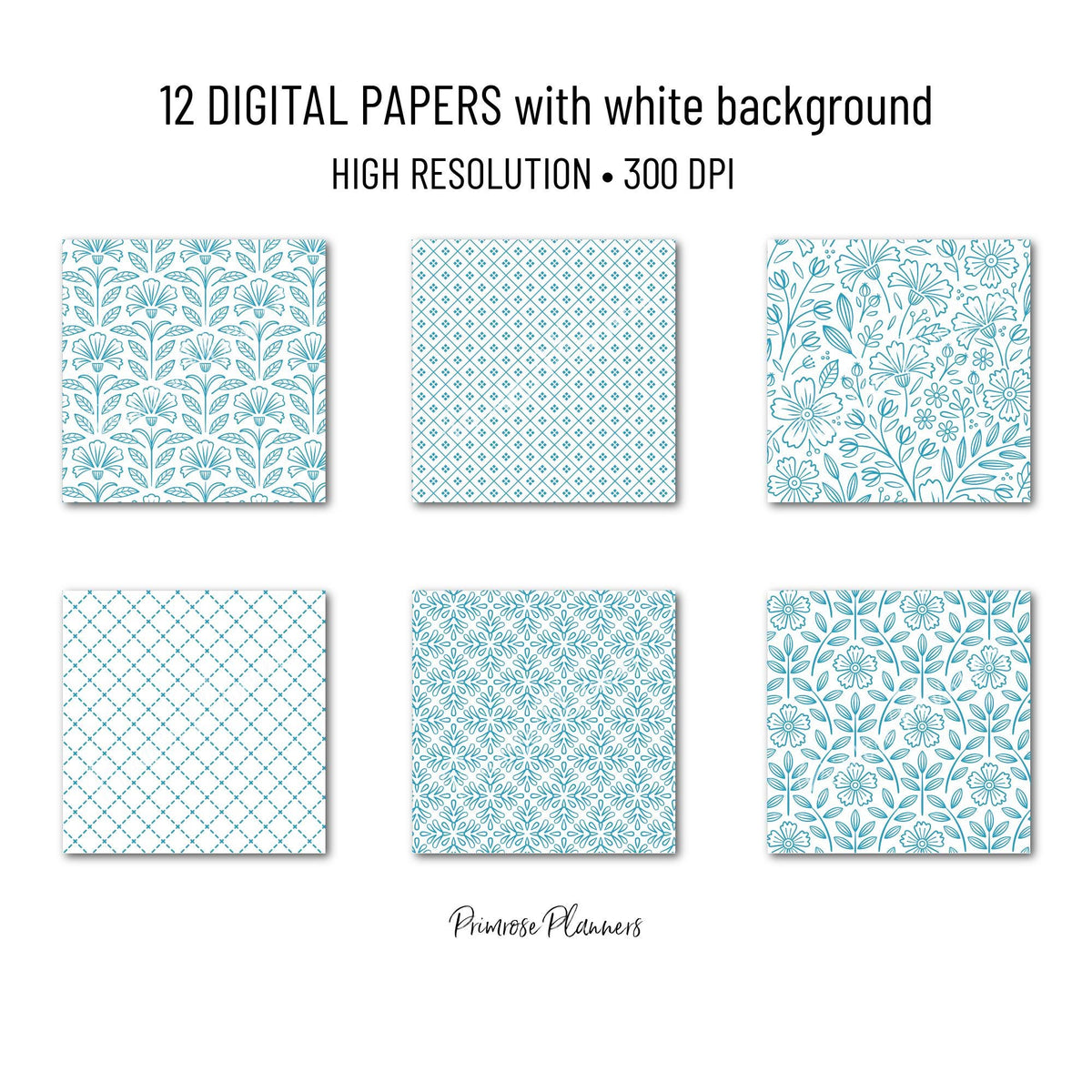 Teal White Digital Paper Dainty Floral | Minimal Blue Green Aqua Patterns | Neutral Scrapbook Backgrounds | Instant Download