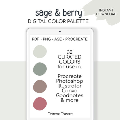 Sage and Berry Digital Color Palette - Color Chart | Goodnotes Tool | iPad Procreate | Digital Download | Color Palette | Sage, Plum, Mauve