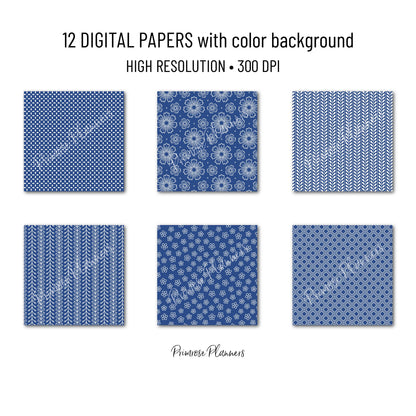 Nautical Blue Digital Paper Minimal Boho | Navy White Patterns | Dainty Coastal Scrapbook Pack