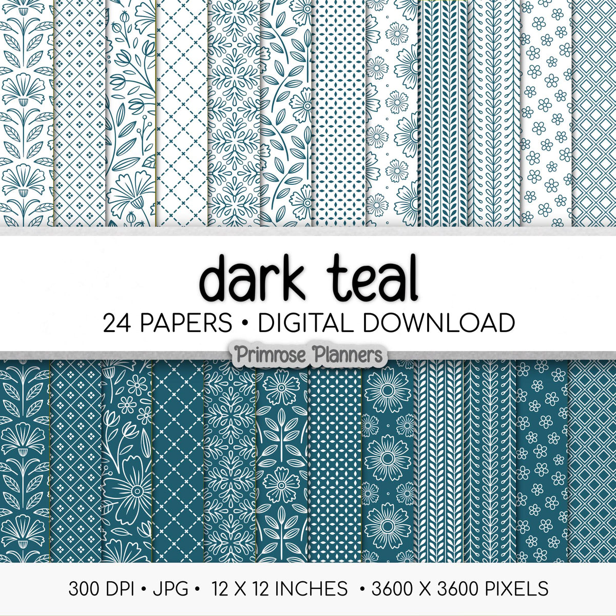 Dark Teal Digital Paper Pack, Minimal Boho Floral Patterns, White & Teal Printable Scrapbook Paper, Elegant Botanical Background