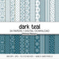 Dark Teal Digital Paper Pack, Minimal Boho Floral Patterns, White & Teal Printable Scrapbook Paper, Elegant Botanical Background