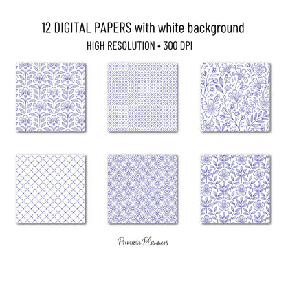Bright Violet and White Digital Paper, Minimalist Boho Patterns, Ultra Violet Scrapbooking, Bold Planner Print