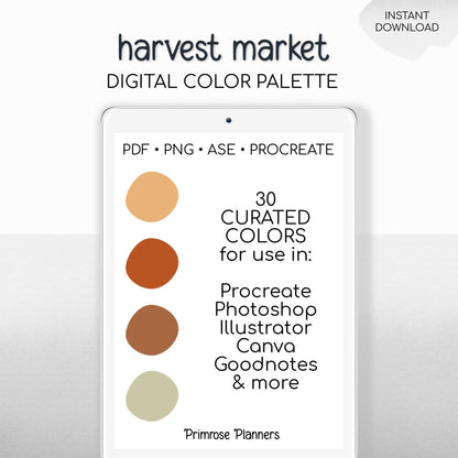 Harvest Market Procreate Palette & Photoshop Swatches, Muted Autumn Red Gold Orange Lavender Green, Rustic Fall, Hex Codes