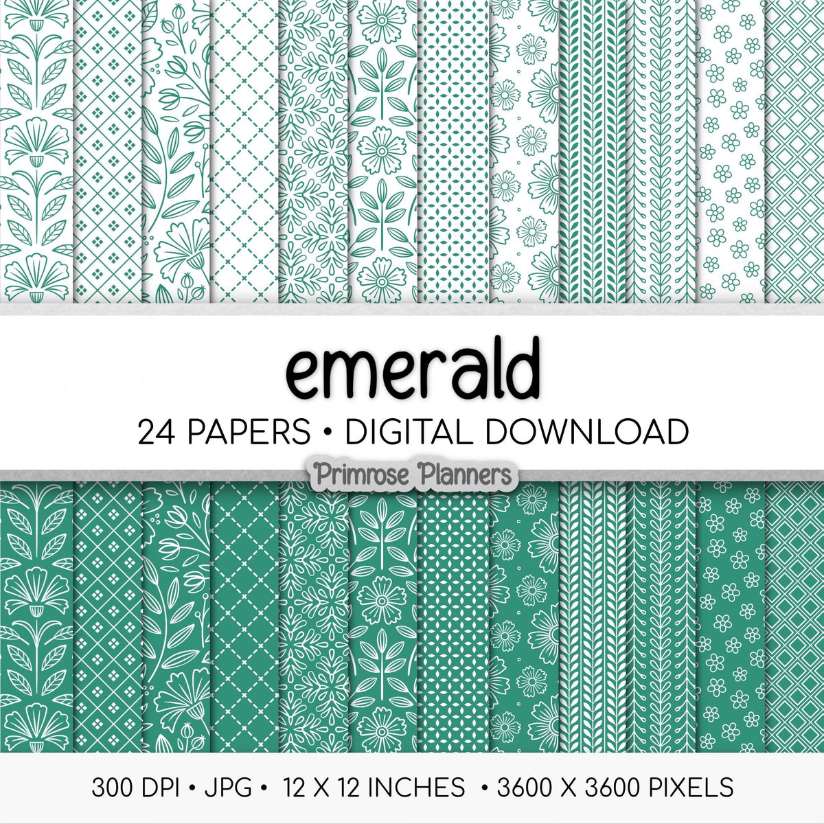 Emerald Green Digital Paper Minimal Boho | White Dainty Floral Seamless Patterns | Jewel Tone Scrapbook Pack