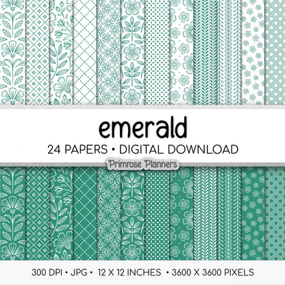 Emerald Green Digital Paper Minimal Boho | White Dainty Floral Seamless Patterns | Jewel Tone Scrapbook Pack
