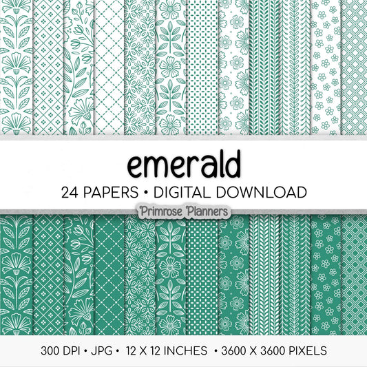 Emerald Green Digital Paper Minimal Boho | White Dainty Floral Seamless Patterns | Jewel Tone Scrapbook Pack