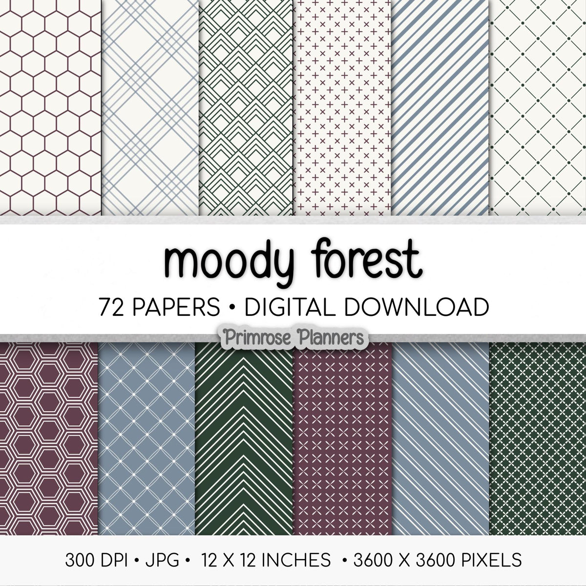 Moody Forest Digital Paper Bundle | Minimal Floral & Geometric Patterns | Mulberry, Dark Green, Dusty Blue | Scrapbook Backgrounds