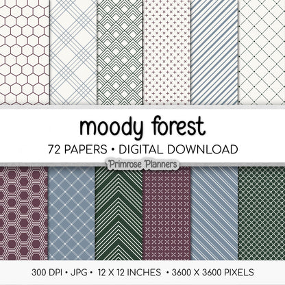 Moody Forest Digital Paper Bundle | Minimal Floral & Geometric Patterns | Mulberry, Dark Green, Dusty Blue | Scrapbook Backgrounds