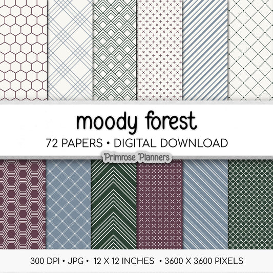 Moody Forest Digital Paper Bundle | Minimal Floral & Geometric Patterns | Mulberry, Dark Green, Dusty Blue | Scrapbook Backgrounds