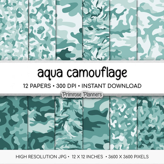 Dusty Aqua Camouflage Digital Paper Pack, Coastal Army Scrapbook Backgrounds (Instant Download)