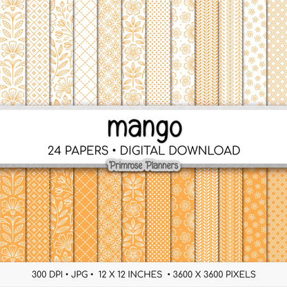 Mango Orange Digital Paper, Minimal Boho Floral Patterns, Tangerine & White Scrapbook Paper, Tropical Summer Background