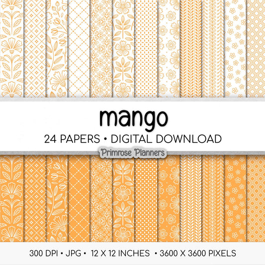 Mango Orange Digital Paper, Minimal Boho Floral Patterns, Tangerine & White Scrapbook Paper, Tropical Summer Background