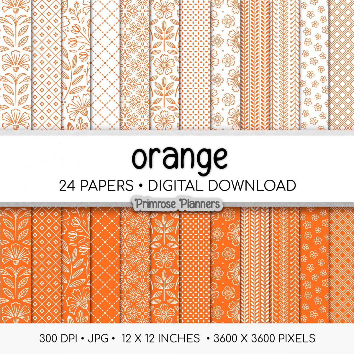 Orange Digital Paper Pack, Minimal Boho Floral Patterns, Bright Orange & White Scrapbook, Vibrant Citrus Background
