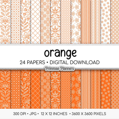 Orange Digital Paper Pack, Minimal Boho Floral Patterns, Bright Orange & White Scrapbook, Vibrant Citrus Background