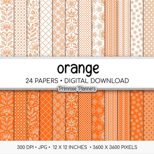 Orange Digital Paper Pack, Minimal Boho Floral Patterns, Bright Orange & White Scrapbook, Vibrant Citrus Background
