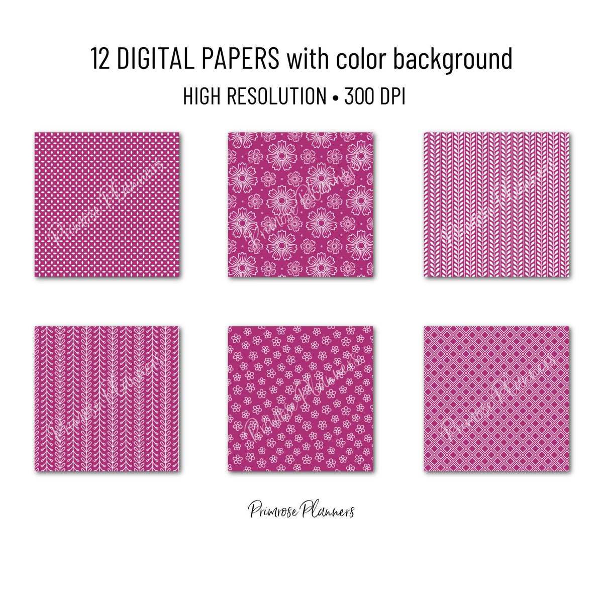 Magenta and White Floral Digital Paper, Minimalist Boho Patterns, Vibrant Fuchsia Scrapbooking, Bold Planner Print