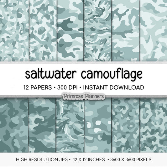 Saltwater Camouflage Digital Paper Pack, Coastal Teal Army Background (Instant Download)