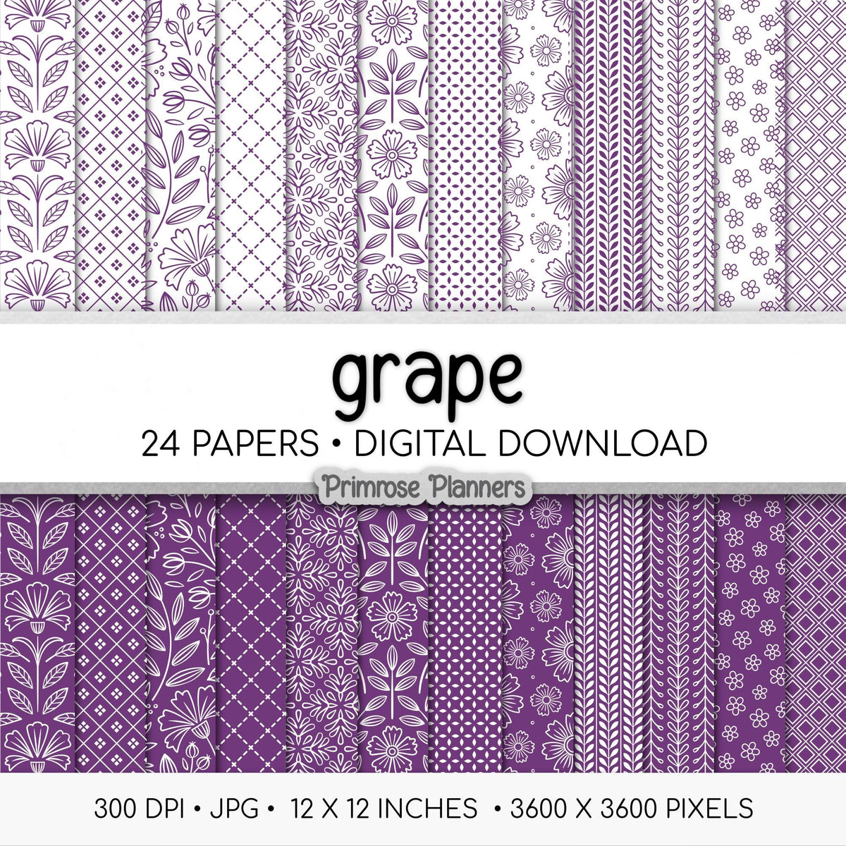 Grape and White Digital Paper, Minimalist Boho Patterns, Vibrant Royal Purple Scrapbooking, Kids & Party Print