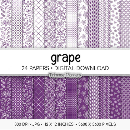 Grape and White Digital Paper, Minimalist Boho Patterns, Vibrant Royal Purple Scrapbooking, Kids & Party Print