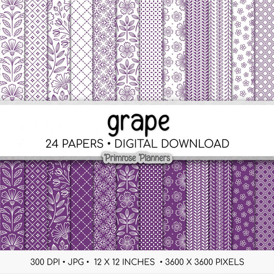 Grape and White Digital Paper, Minimalist Boho Patterns, Vibrant Royal Purple Scrapbooking, Kids & Party Print