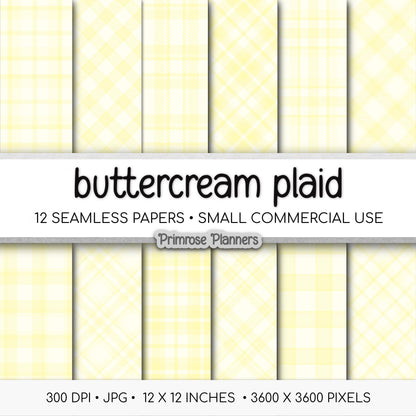 Pastel Yellow Plaid, Seamless Digital Paper, Soft Buttercream Tartan, Spring Buffalo Check, Aesthetic Printable Patterns, Commercial Use