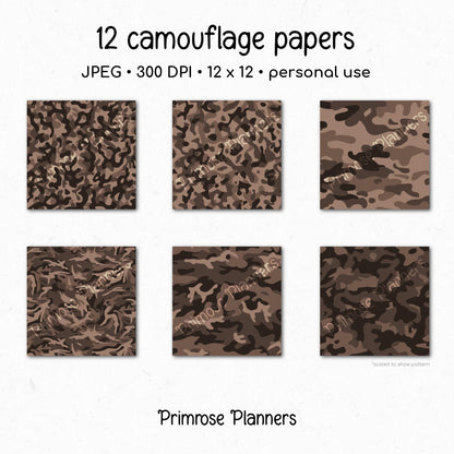 Camouflage Print Digital Paper, Black Brown Cream Army Pattern, Hunting Scrapbook Backgrounds, Neutral Camo Craft Paper Download