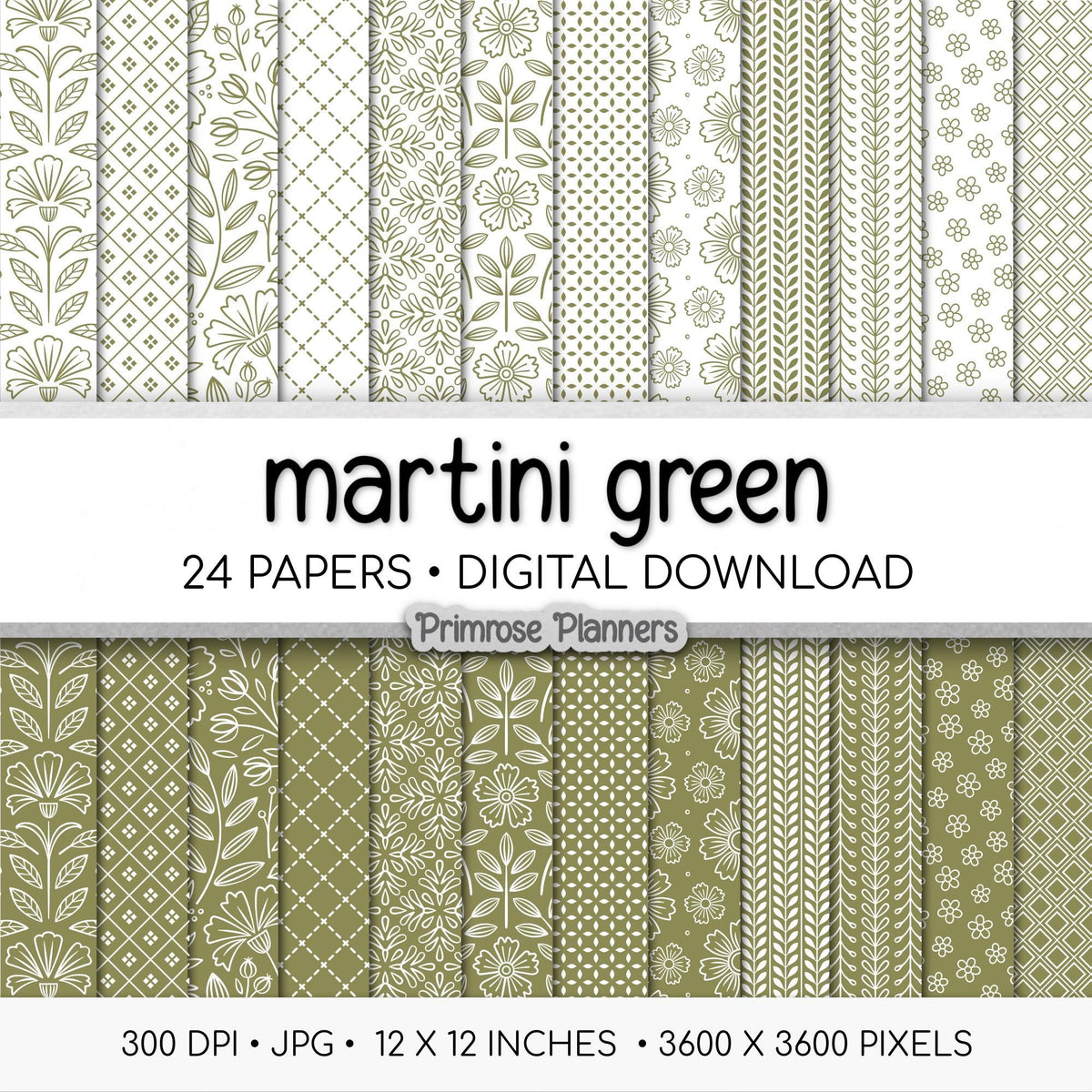 Martini Olive Green Floral Digital Paper, Minimal White Flower Patterns, Dark Earthy Scrapbook Backgrounds