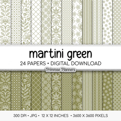 Martini Olive Green Floral Digital Paper, Minimal White Flower Patterns, Dark Earthy Scrapbook Backgrounds
