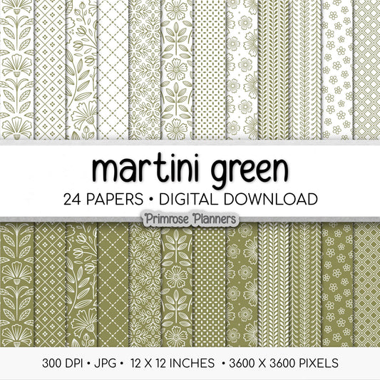 Martini Olive Green Floral Digital Paper, Minimal White Flower Patterns, Dark Earthy Scrapbook Backgrounds