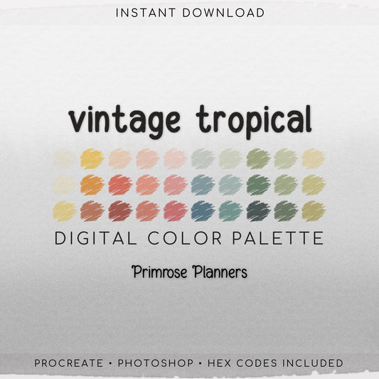 Vintage Tropical Procreate Palette & Photoshop Swatches, Muted Earth Tones, Retro Summer Yellow Orange Pink, Hex Codes