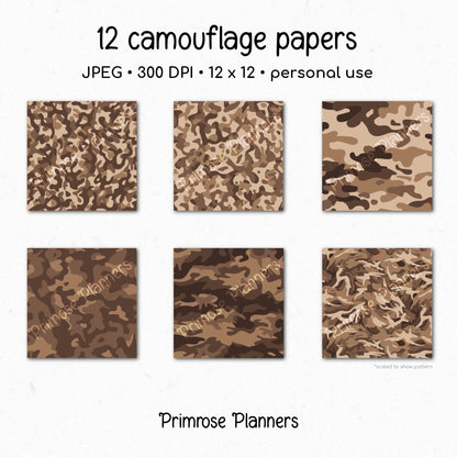 Classic Brown Camouflage Digital Paper, Woodland Army Scrapbook Pattern (Instant Download)