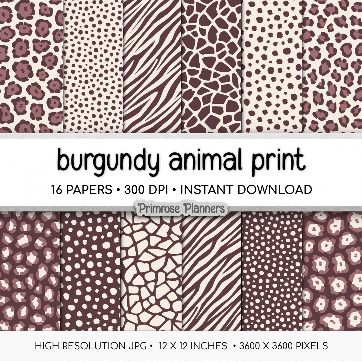 Burgundy & Cream Animal Print Digital Paper - Dark Red Leopard Cheetah Zebra Giraffe Tiger Backgrounds for Scrapbooks & Crafts
