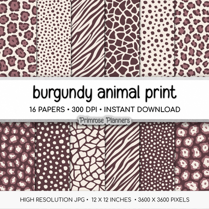 Burgundy & Cream Animal Print Digital Paper - Dark Red Leopard Cheetah Zebra Giraffe Tiger Backgrounds for Scrapbooks & Crafts