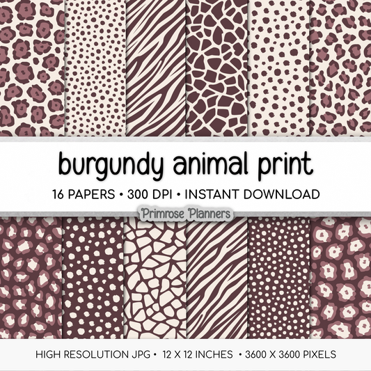 Burgundy & Cream Animal Print Digital Paper - Dark Red Leopard Cheetah Zebra Giraffe Tiger Backgrounds for Scrapbooks & Crafts