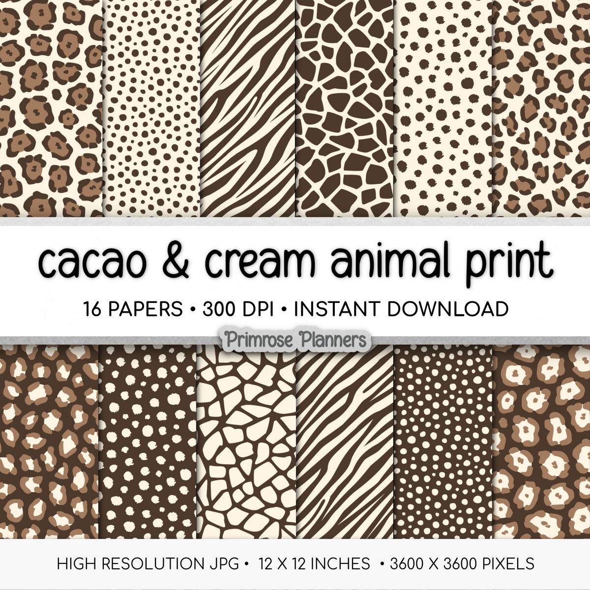 Cacao Brown and Cream Animal Print Digital Paper - Leopard Cheetah Zebra Giraffe Tiger Backgrounds for Scrapbooks & Crafts
