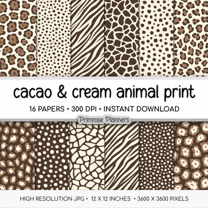 Cacao Brown and Cream Animal Print Digital Paper - Leopard Cheetah Zebra Giraffe Tiger Backgrounds for Scrapbooks & Crafts
