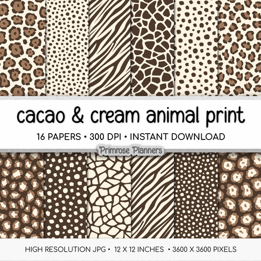 Cacao Brown and Cream Animal Print Digital Paper - Leopard Cheetah Zebra Giraffe Tiger Backgrounds for Scrapbooks & Crafts