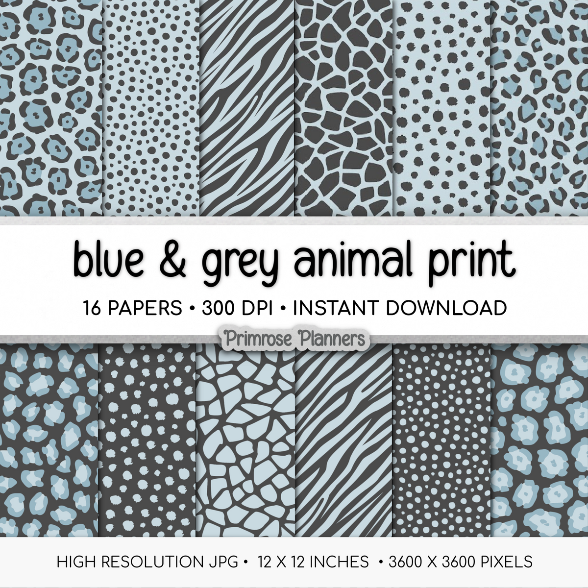 Slate Blue & Moonstone Gray Animal Print Digital Paper - Leopard Cheetah Zebra Tiger Backgrounds for Scrapbooks